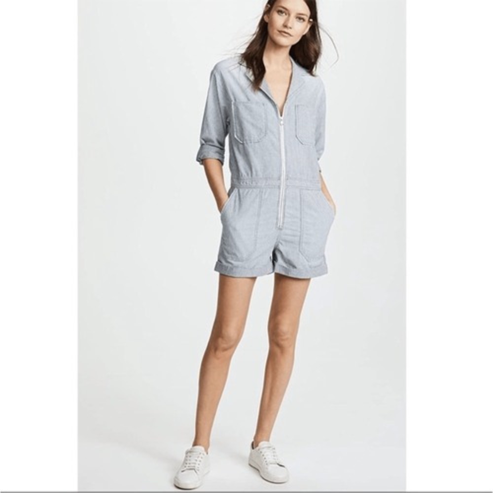 Adriano Goldschmied Rochelle Romper Chambray Stripe Blue Zipper front Small NWOT - Picture 3 of 16